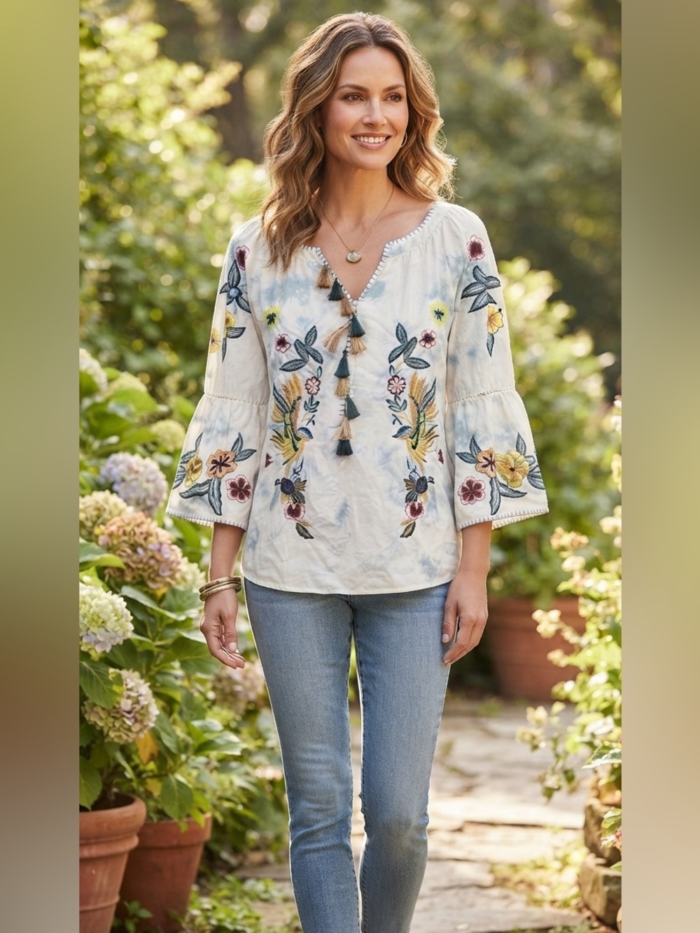 Chicos Embroidered Tie Dye Peasant Blouse Sz 0 (L) Tassel Floral Bird Shirt Top